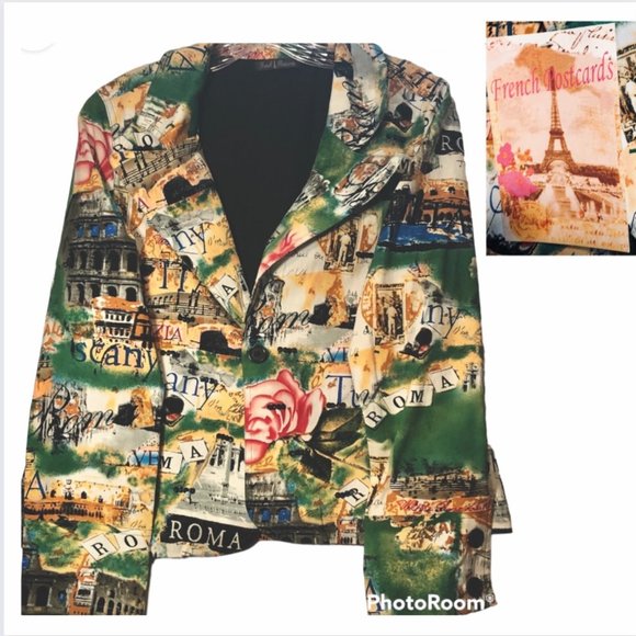 Women Vintage French Postcard print Jacket NWT Size M-L - Picture 2 of 11